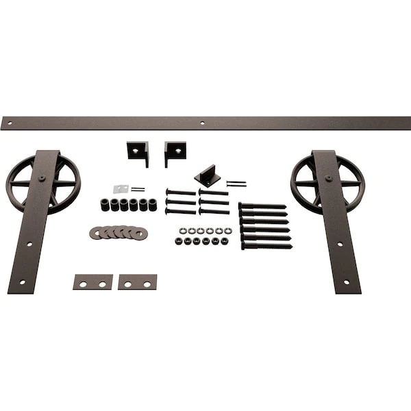 Premium Wagon Wheel Strap Barn Door Hardware Set W/ 5' 4" Track For 1 3/8" Doors, Bronze Texture 3 Premium Wagon Wheel Strap Barn Door Hardware Set W/ 5' 4" Track For 1 3/8" Doors, Bronze Texture