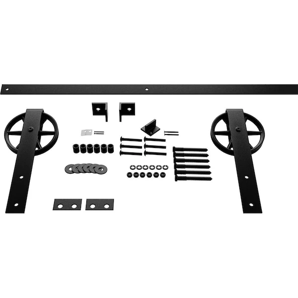 Premium Wagon Wheel Strap Barn Door Hardware Set W/ 6' Track For 1 3/8" Doors, Matte Black 3 Premium Wagon Wheel Strap Barn Door Hardware Set W/ 6' Track For 1 3/8" Doors, Matte Black