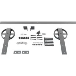 Premium Wagon Wheel Strap Barn Door Hardware Set W/ 4' Track For 1 3/4" Doors, Flint Gray