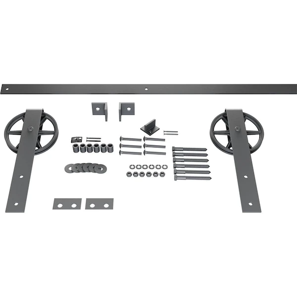 Premium Wagon Wheel Strap Barn Door Hardware Set W/ 5' 4" Track For 1 3/4" Doors, Silver Metallic 4 Premium Wagon Wheel Strap Barn Door Hardware Set W/ 5' 4" Track For 1 3/4" Doors, Silver Metallic - Image 2