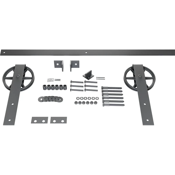 Premium Wagon Wheel Strap Barn Door Hardware Set W/ 5' Track For 2 1/4" Doors, Silver Metallic 3 Premium Wagon Wheel Strap Barn Door Hardware Set W/ 5' Track For 2 1/4" Doors, Silver Metallic