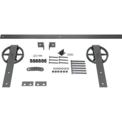 Premium Wagon Wheel Strap Barn Door Hardware Set W/ 6' Track For 1 3/8" Doors, Silver Metallic