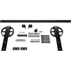 Premium Wagon Wheel Strap Barn Door Hardware Set W/ 6' Track For 1 3/8" Doors, Dark Gray