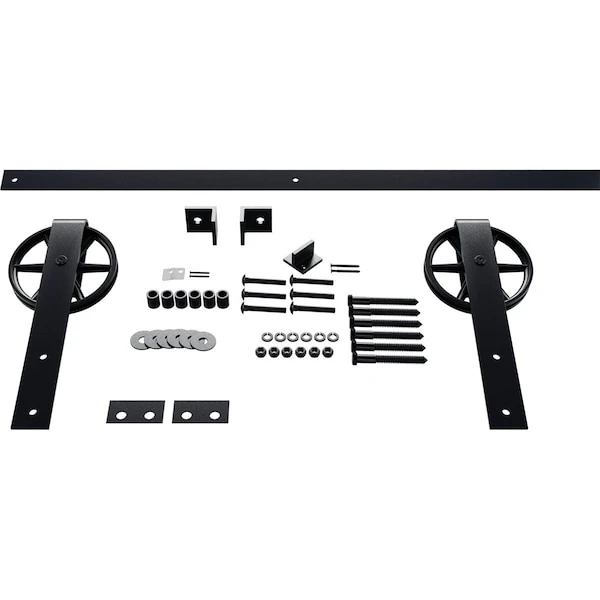 Premium Wagon Wheel Strap Barn Door Hardware Set W/ 6' Track For 1 3/8" Doors, Dark Gray 3 Premium Wagon Wheel Strap Barn Door Hardware Set W/ 6' Track For 1 3/8" Doors, Dark Gray