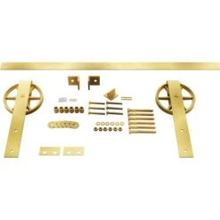 Premium Wagon Wheel Strap Barn Door Hardware Set W/ 5' 4" Track For 1 3/8" Doors, Jacob's Gold