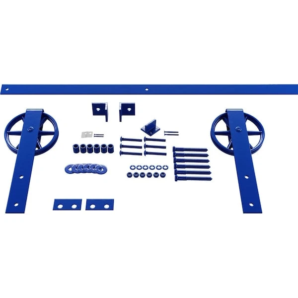 Premium Wagon Wheel Strap Barn Door Hardware Set W/ 7' Track For 1 3/4" Doors, Blue Ribbon 3 Premium Wagon Wheel Strap Barn Door Hardware Set W/ 7' Track For 1 3/4" Doors, Blue Ribbon