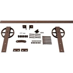 Premium Wagon Wheel Strap Barn Door Hardware Set W/ 4' Track For 1 3/8" Doors, Copper Vein