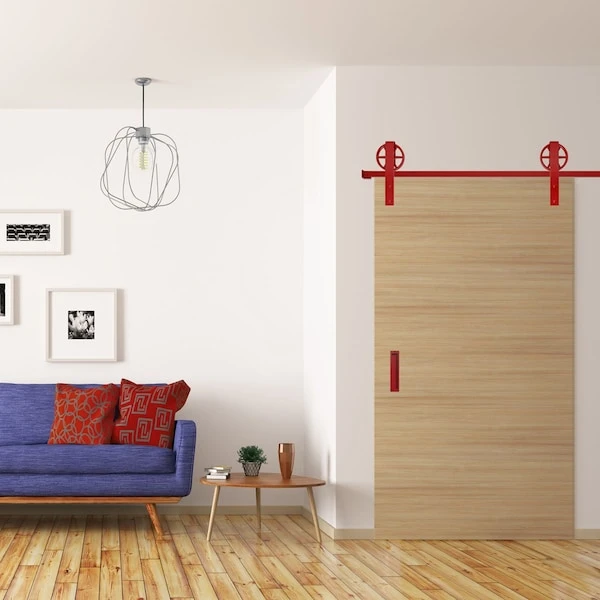 Premium Wagon Wheel Strap Barn Door Hardware Set W/ 7' Track For 1 3/8" Doors, Regal Red 5 Premium Wagon Wheel Strap Barn Door Hardware Set W/ 7' Track For 1 3/8" Doors, Regal Red - Image 3