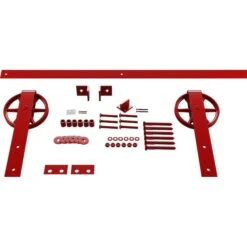 Premium Wagon Wheel Strap Barn Door Hardware Set W/ 5' 4" Track For 1 3/8" Doors, Regal Red