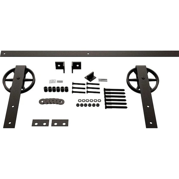 Premium Wagon Wheel Strap Barn Door Hardware Set W/ 8' Track For 1 3/8" Doors, Arch Bronze 3 Premium Wagon Wheel Strap Barn Door Hardware Set W/ 8' Track For 1 3/8" Doors, Arch Bronze