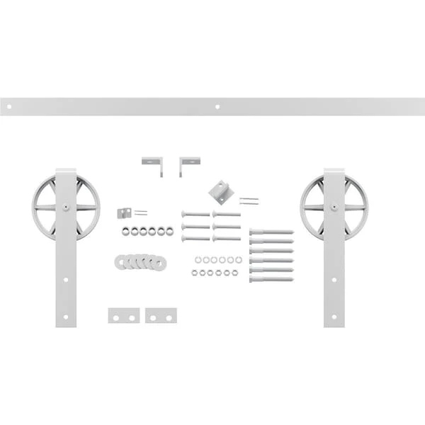 Premium Wagon Wheel Strap Barn Door Hardware Set W/ 4' Track For 1 3/8" Doors, Rocket White 4 Premium Wagon Wheel Strap Barn Door Hardware Set W/ 4' Track For 1 3/8" Doors, Rocket White - Image 2