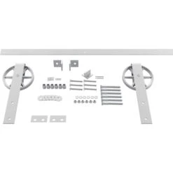 Premium Wagon Wheel Strap Barn Door Hardware Set W/ 4' Track For 1 3/8" Doors, Rocket White