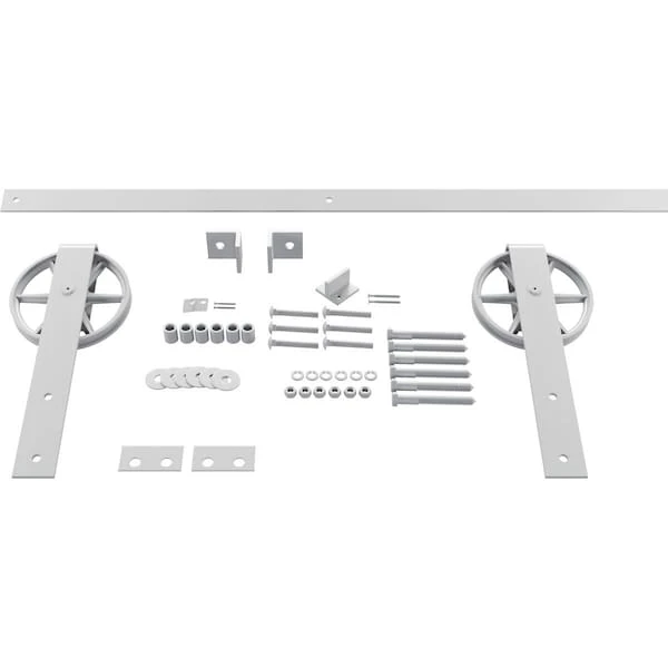 Premium Wagon Wheel Strap Barn Door Hardware Set W/ 4' Track For 2 1/4" Doors, Rocket White 3 Premium Wagon Wheel Strap Barn Door Hardware Set W/ 4' Track For 2 1/4" Doors, Rocket White