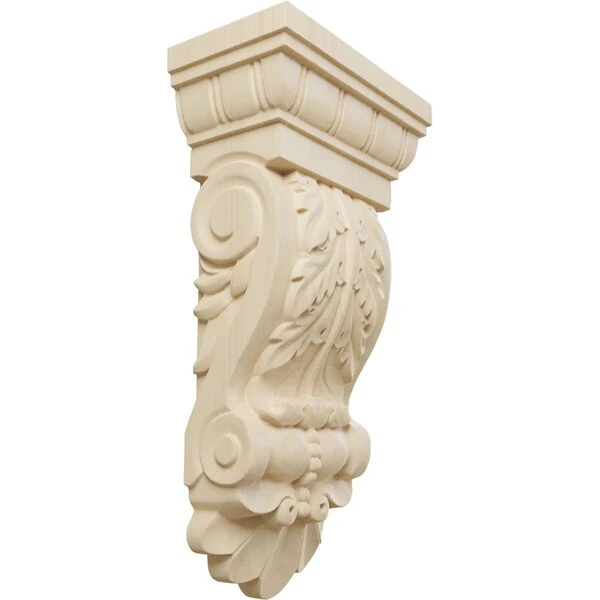 5 1/8"W X 2 3/4"D X 9 3/4"H Thin Flowing Acanthus Corbel, Rubberwood 3 5 1/8"W X 2 3/4"D X 9 3/4"H Thin Flowing Acanthus Corbel, Rubberwood